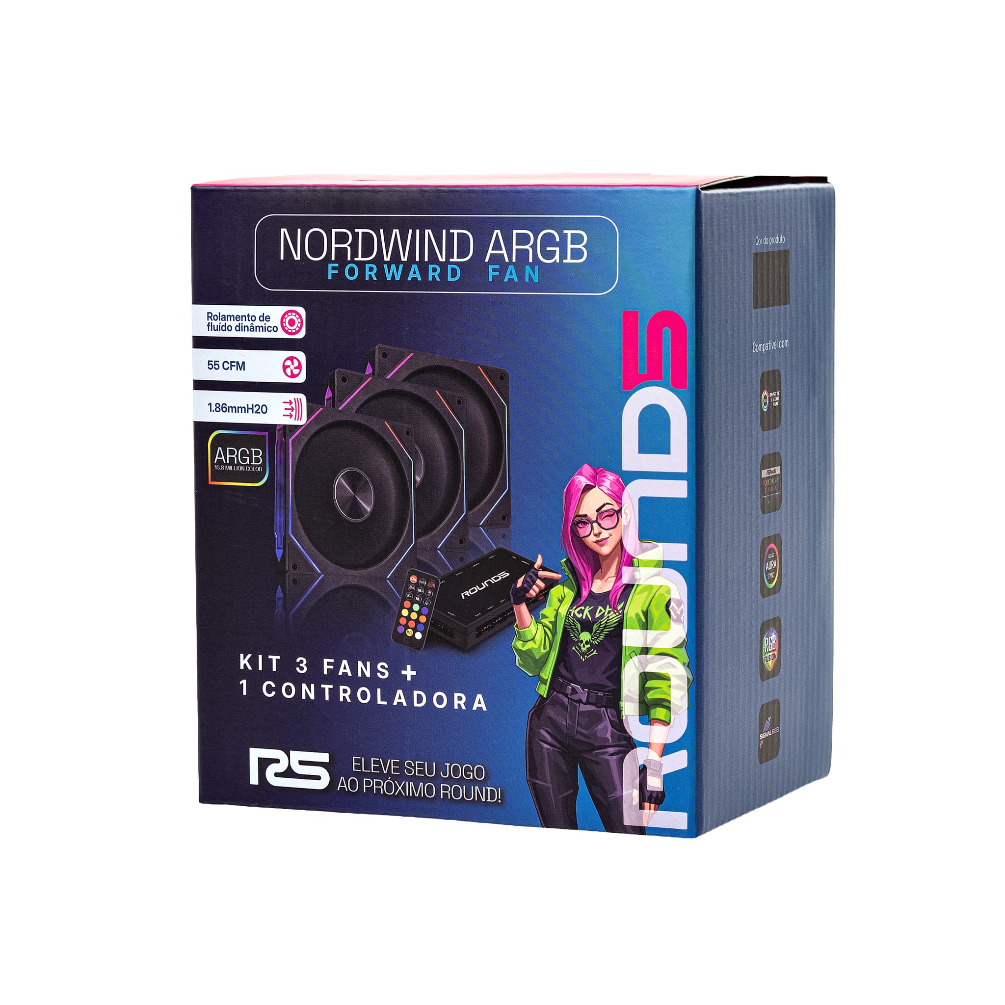 Kit 3 Fan 120mm Round5 Nordwind Forward Com Controladora ARGB Preto R5